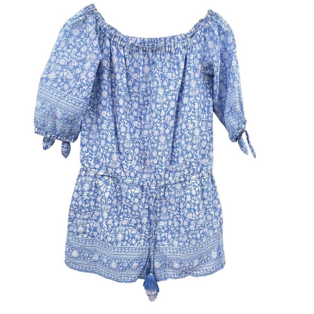 Vineyard Vines floral off the shoulder romper size XS blue white 3/4 sleeve line